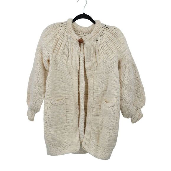 Vtg 70s Cream Handmade Coatigan Cardigan Puff Sleeve Pockets Coastal Grannycore - Picture 1 of 12